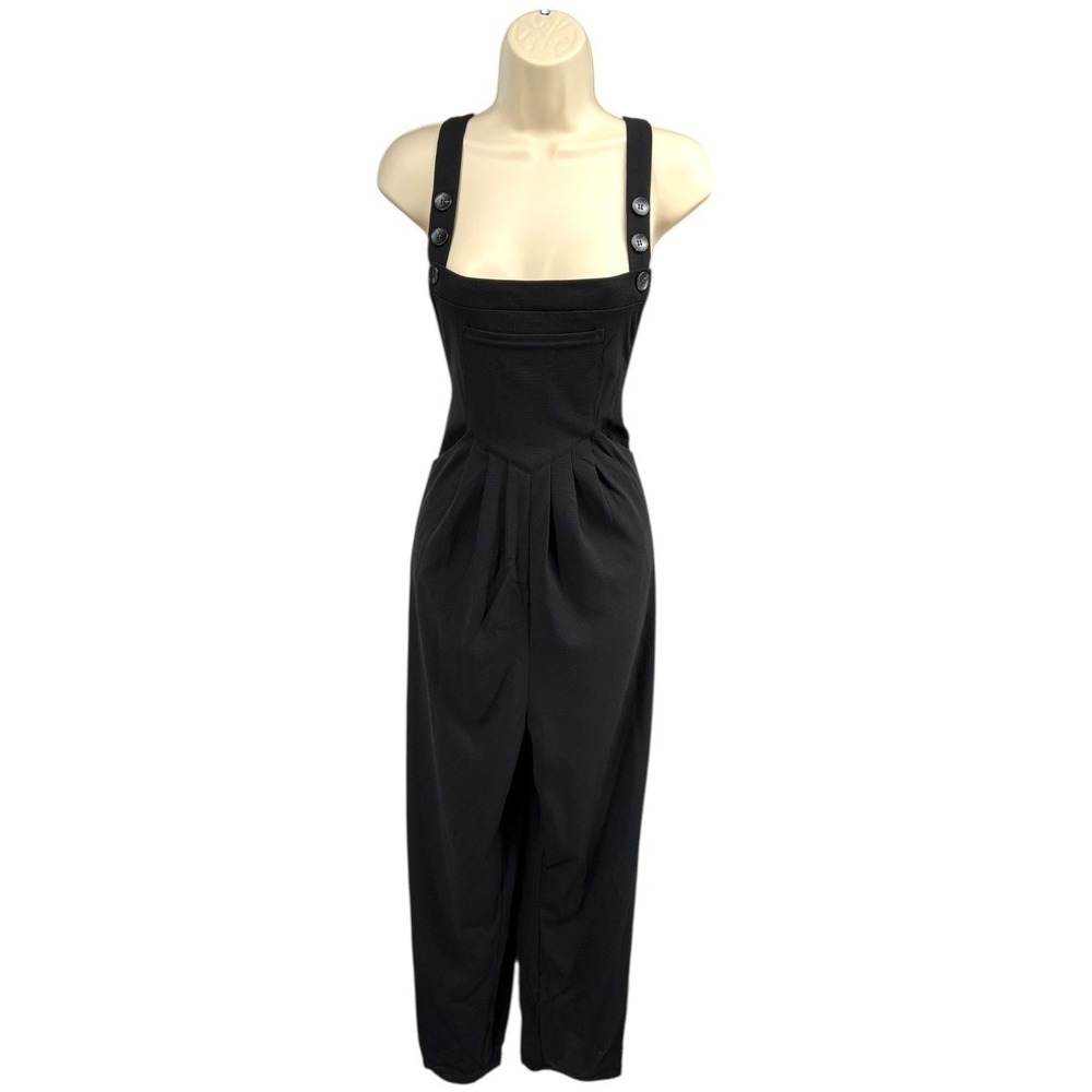 HALARA Black Textured‎ Wide Leg Overall Jumpsuit Womens XS Pockets